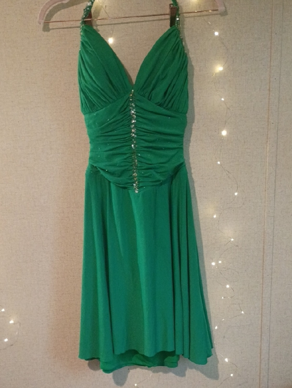 Green Halter Prom Dress with Rhinestone Accents